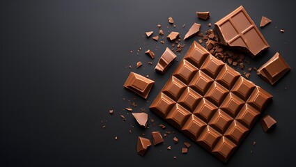 A close up shot of a milk chocolate bar and broken pieces on a dark background surface