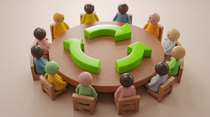Diverse Figures Around Table with Green Recycle Arrows, Sustainability