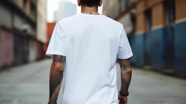 A video still of a tattooed man in a white shirt walking down an urban alley. Captured from a rear angle, emphasizing street style and urban exploration. Live desktop wallpaper.