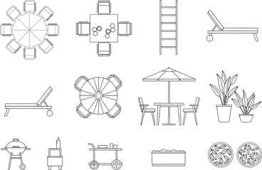Collection of architectural drafting symbols for outdoor furniture and landscaping elements in a top down view black and white line art illustration