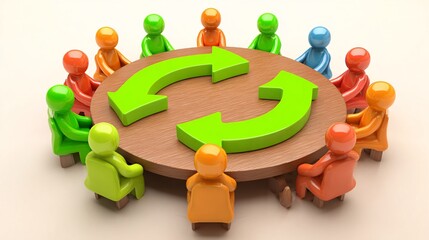 Colorful Figures Around Table with Green Arrows, Teamwork and Recycling
