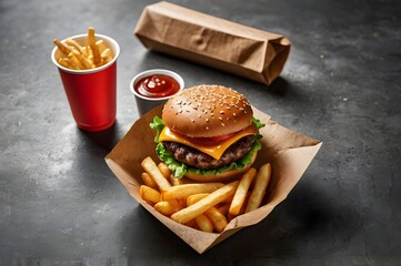 Casual Street Food Table with Burgers, Fries in Branded Packaging