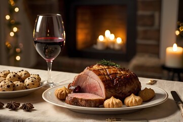 Dinner Table with Roast Meat, Wine and Festive Candlelight Decor