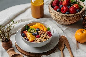 Clean Healthy Food Table with Colorful Salad, Smoothie, Fruits, and Granola in Natural Light -nutritious food styling