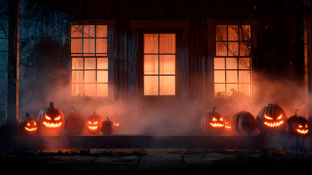 Enigmatic haunted house enveloped in fog with luminous pumpkins, casting an eerie glow through aged windows, perfect for Halloween atmosphere and chilling narrative.