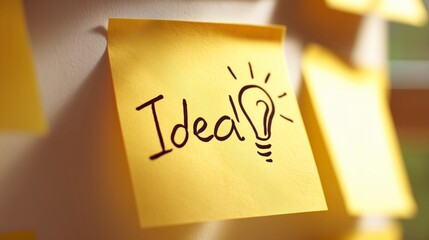 Close-up yellow Post-it note with handwritten 'Idea!' and a lightbulb icon.