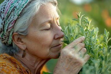 Close-up of a senior woman farmer with eyes closed, smelling a plant herb outdoors at a community farm, symbolizing a connection to nature and sustainability, Generative AI