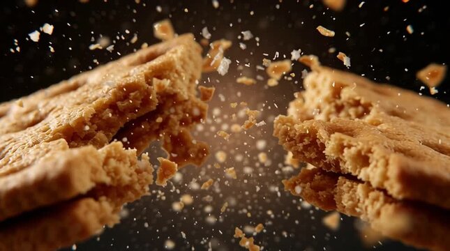 Crunchy biscuit close-up breaking apart on impact, seamless food motion