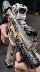 Transparent AR-15 Style Rifle with Sight Held by Two Hands, Close-Up