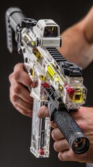 Hands Holding Transparent AR-15 Style Rifle with Optic Sight