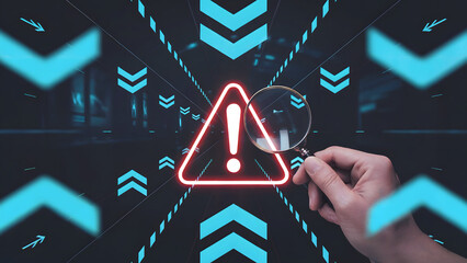 Hand holding magnifying glass over red warning sign on digital background