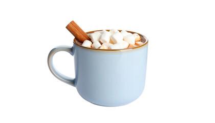 Hot cocoa mug with marshmallows and cinnamon stick, cozy winter feel, isolated on transparent background.