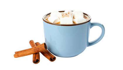 Hot cocoa mug with marshmallows and cinnamon stick, cozy winter feel, isolated on transparent background