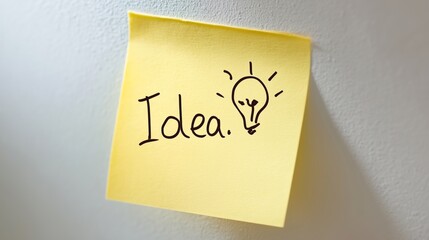 Close-up yellow Post-it note with handwritten 'Idea!' and a lightbulb icon.
