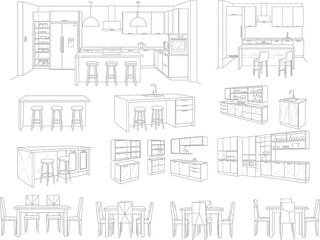 Obraz premium Collection of architectural sketches showcasing various kitchen and dining area designs with detailed furniture and cabinetry layouts
