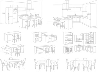 Obraz premium Collection of hand drawn architectural sketches showcasing various kitchen designs and furniture layouts with detailed perspectives and elevations