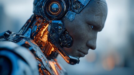 Detailed Close-Up of a Futuristic Cyborg Head and Shoulder Section
