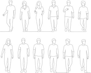 Collection of diverse male and female figures depicted in a clean line art style showcasing various poses and clothing styles
