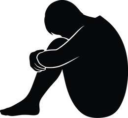 Vector art of silhouette of a sad man hugging his knees, , conveying feelings of depression, anxiety, and mental health challenges