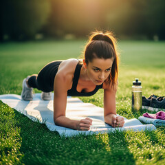 Young athletic woman holding plank pose on a yoga mat in the park during golden hour with water bottle and gear nearby.
