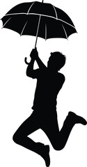 Vector art of silhouette of a man jumping with an umbrella, expressing joy and happiness, a simple and modern vector illustration in black and