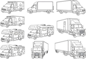 Naklejka premium Collection of hand drawn sketch illustrations of various trucks and commercial vehicles in a clean line art style