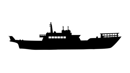 Obraz premium Silhouette of a large ship with multiple decks and antennas cruising on the water surface at sea