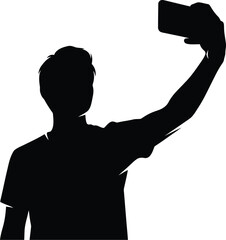 Vector art of silhouette of a man taking a selfie with his phone, capturing a moment with modern technology and sharing it social media
