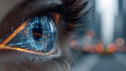 Human Eye Close-up with Digital Interface Overlay and City Background