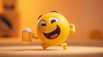 Happy Emoji Running with Beer Mug, Celebration and Party Concept