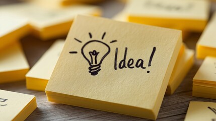 Close-up yellow Post-it note with handwritten 'Idea!' and a lightbulb icon.