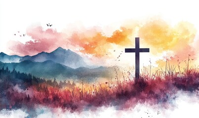 Obraz premium Easter scene with a cross, a watercolor vector illustration depicting the spiritual significance of the holiday, Generative AI