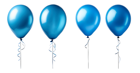 Collection of Four Bright Blue Balloons on Black Background, Bundle Set Collection, Isolated on Transparent Background