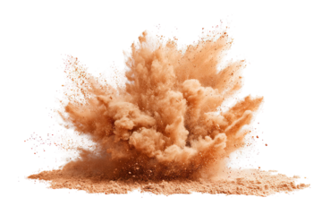 A dramatic explosion of light tan-colored dust or sand erupting outwards from a central point on a sandy surface