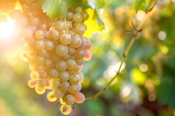Bunch of ripe white grapes in vineyard at sunset.