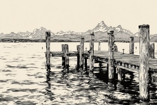 Fototapeta Peaceful lake scene with pier and mountains.