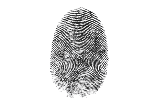 Close-up, grayscale fingerprint detail against black background