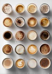 Overhead view of many coffee drinks, various styles