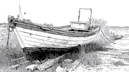 Weathered wooden boat rests on the shore, amid grass and debris in monochrome art style