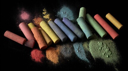 Colorful chalk sticks arranged diagonally on a black surface, surrounded by chalk dust