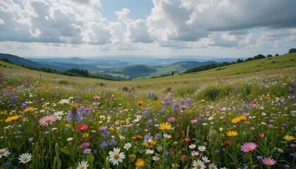 Fototapeta premium Wildflower Meadow in Spring under Blue Sky and Rolling Hills