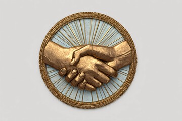 Golden handshake emblem, round frame with sunburst, partnership concept