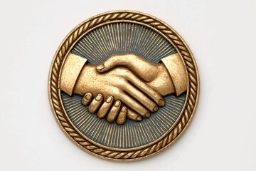 Golden Handshake Emblem, Round Medallion with Blue Rays and Rope Border