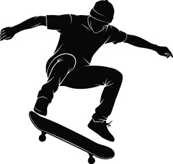 Vector art of silhouette of a skateboarder performing a jump trick, a simple black and graphic design for extreme sports and urban culture