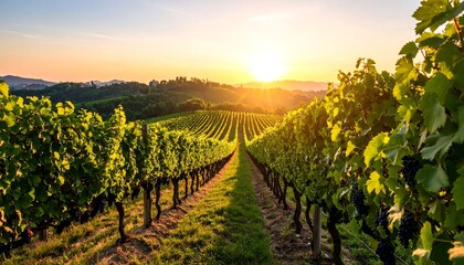 Fototapeta premium Picturesque Vineyard Landscape at Sunset Showcasing Rows of Grape Vines