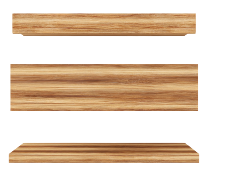 Three horizontal wooden shelves, light brown, with a consistent wood grain pattern,  simple,  rectangular shape,  and subtle molding