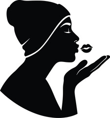 Vector art of silhouette of a beautiful woman blowing a kiss, showcasing feminine beauty, romance, and a gesture of love in a stylish and elegant design