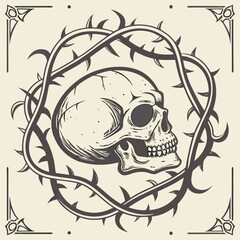 Skull inside barbed wire circle tattoo style