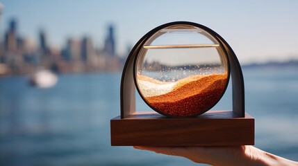 Modern Sandscape with Wooden Base, Held Against a Cityscape Backdrop