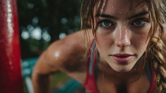 A determined woman intensely stares toward camera, sweat glistening, engaged in outdoor workout